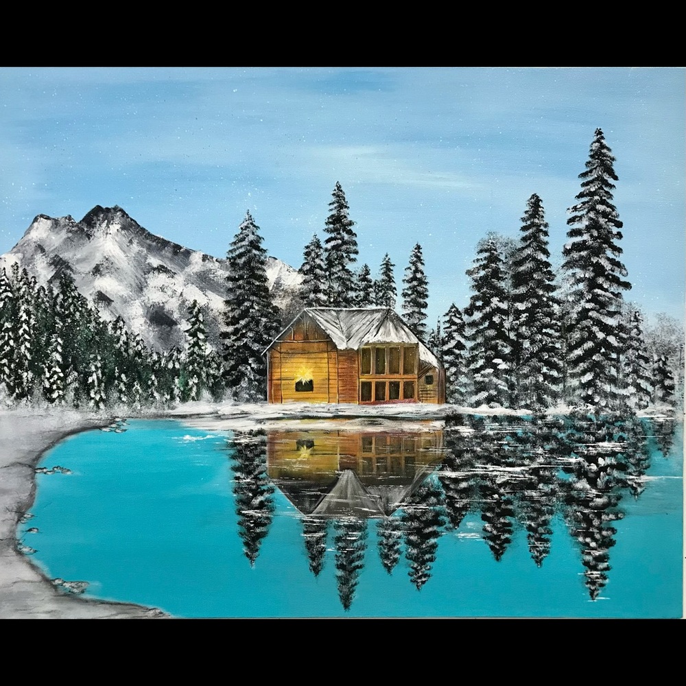 Emerald lake winter snowy painting